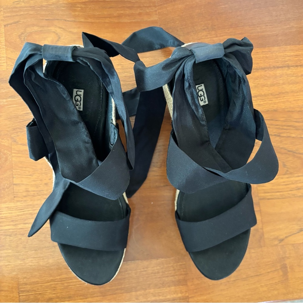 Ugg Women’s Jules Platform Wedge Ribbon Tie Espadrille Sandals Black/Beige sz 9 - Picture 5 of 16